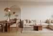 Neutral-toned living room dining room combo featuring a large cream sectional, oval wooden coffee table, and matching dining set under brass pendant lights, all set against soft beige walls and arched detailing.