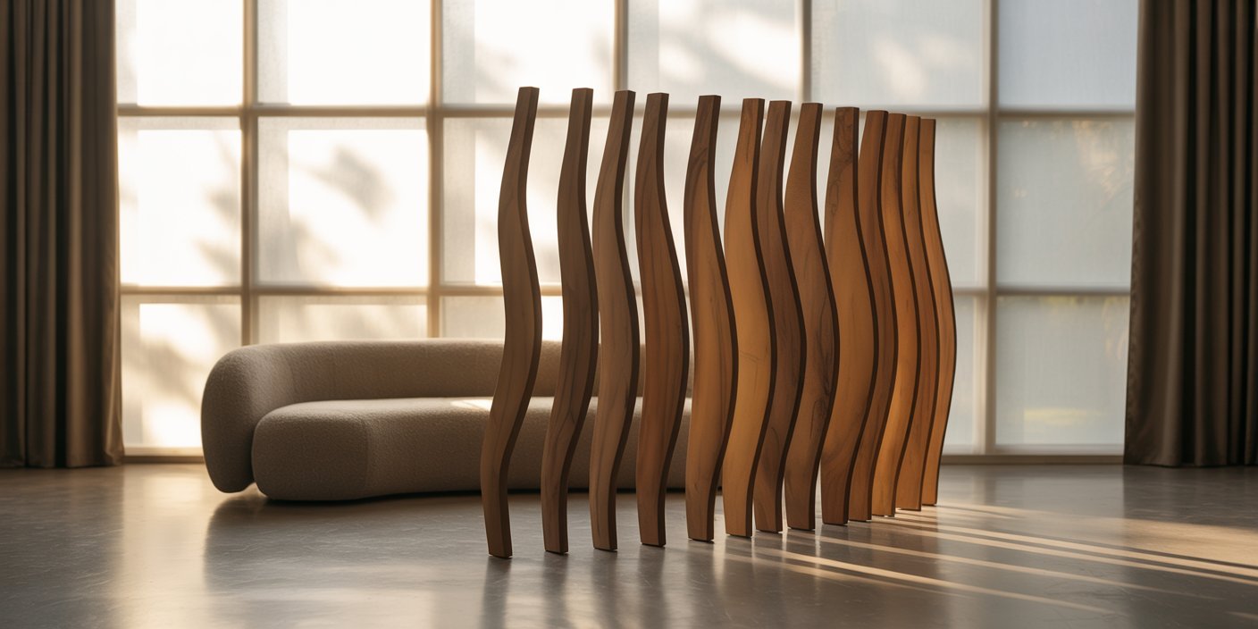 A modern living room featuring a sculptural wooden living room divider with undulating vertical slats, placed in front of a minimalist cream boucle sofa and large grid window filtering soft daylight.