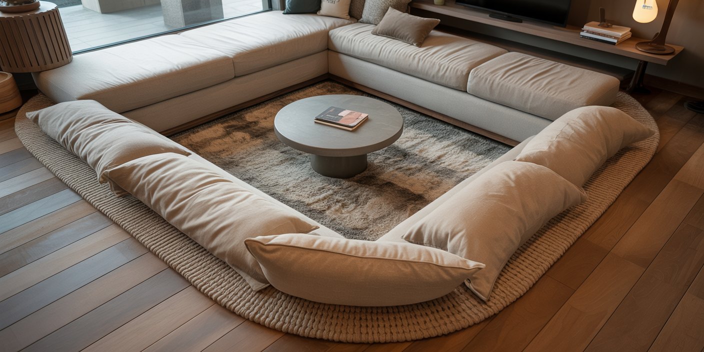 Modern sunken living room featuring a large U-shaped beige sectional surrounding a low round coffee table on a textured rug, with wooden flooring and neutral decor.