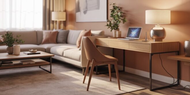 Stylish living room office combo featuring a wooden desk with a laptop and table lamp, positioned beside a beige sectional sofa with warm lighting and minimalist decor.