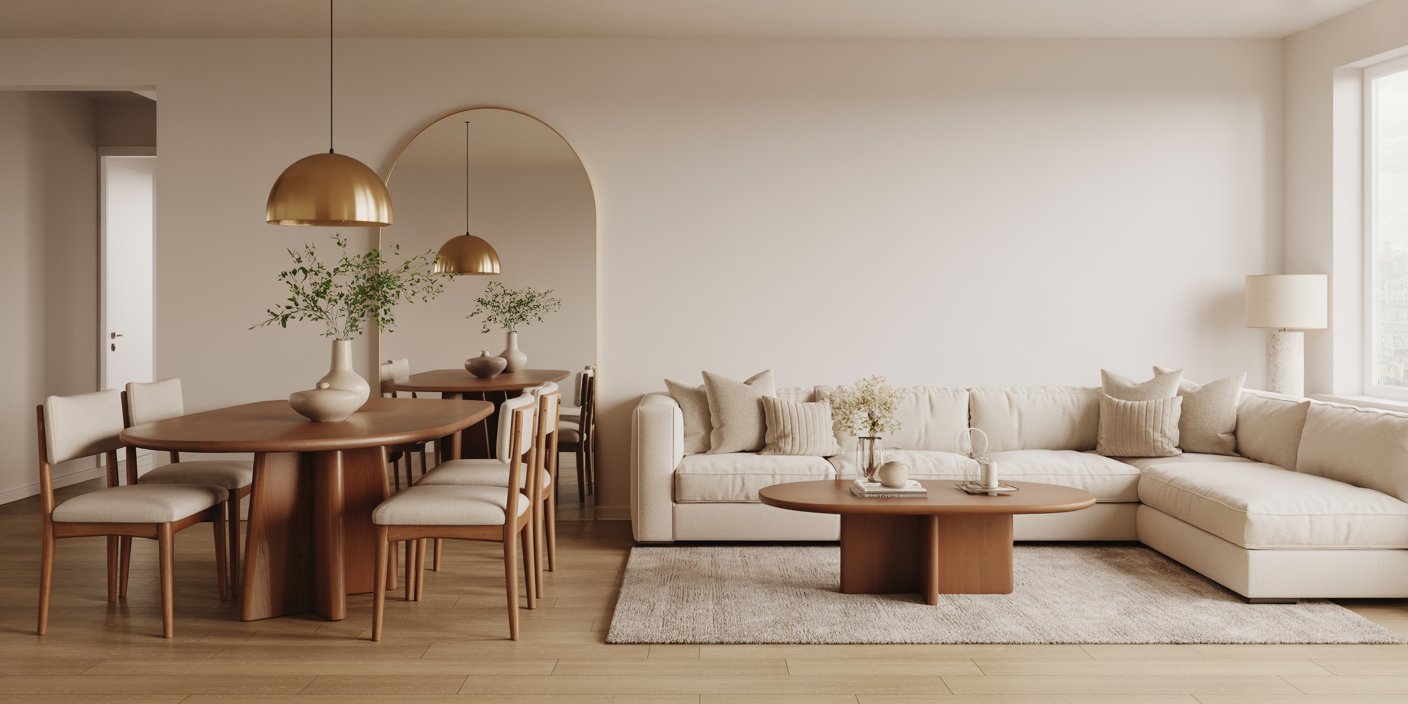Neutral-toned living room dining room combo featuring a large cream sectional, oval wooden coffee table, and matching dining set under brass pendant lights, all set against soft beige walls and arched detailing.