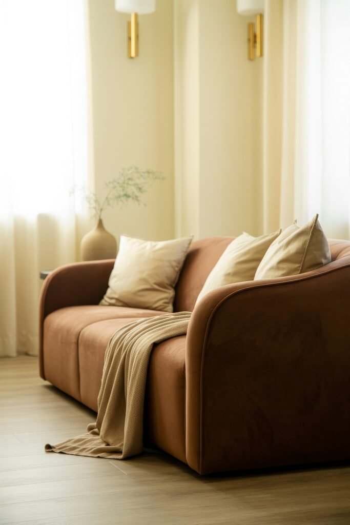Brown Couch Living Room Ideas: Cozy and Chic Decor Inspiration 5 Soft, plush brown couch with curved arms, cream pillows, and a throw blanket, basking in warm natural light in a minimalist brown-themed living room.