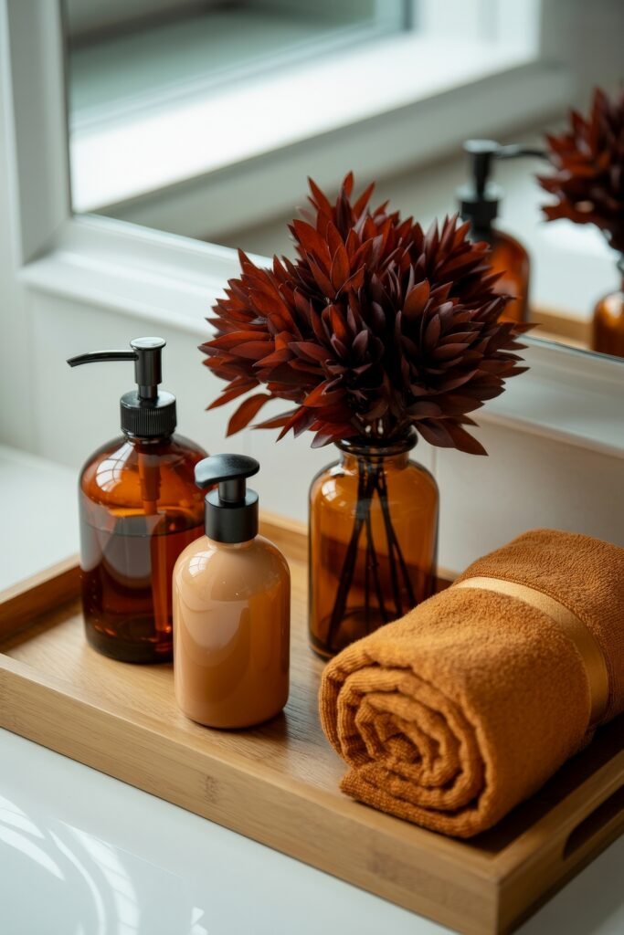 Fall Bathroom Decor: Cozy Upgrades for Instant Spa 5 Wooden tray on a white bathroom counter holding amber and beige soap bottles, a rust-colored rolled towel, and a vase with dark red faux flowers, evoking an elegant fall decor vibe.