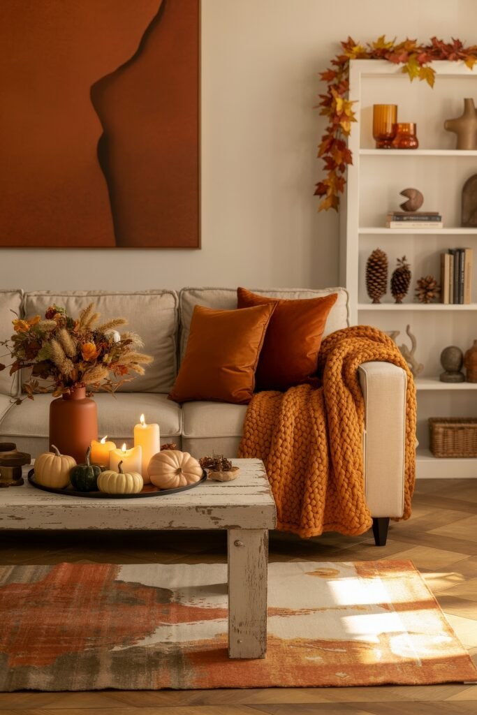 Fall Living Room Decor: Brilliant Ways to Cozy Up 3 Warm and inviting fall living room decor with a rustic white coffee table, assorted pumpkins, candles, and a terracotta vase of dried flowers, set against a sofa draped in an orange knit blanket and surrounded by seasonal accents.