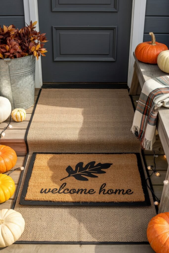 Fall Outdoor Decor: 12 Brilliant Touches for Tiny Porches 4 Front porch with a “welcome home” doormat, surrounded by assorted pumpkins, a galvanized bucket of autumn leaves, and a cozy plaid blanket draped over the bench.