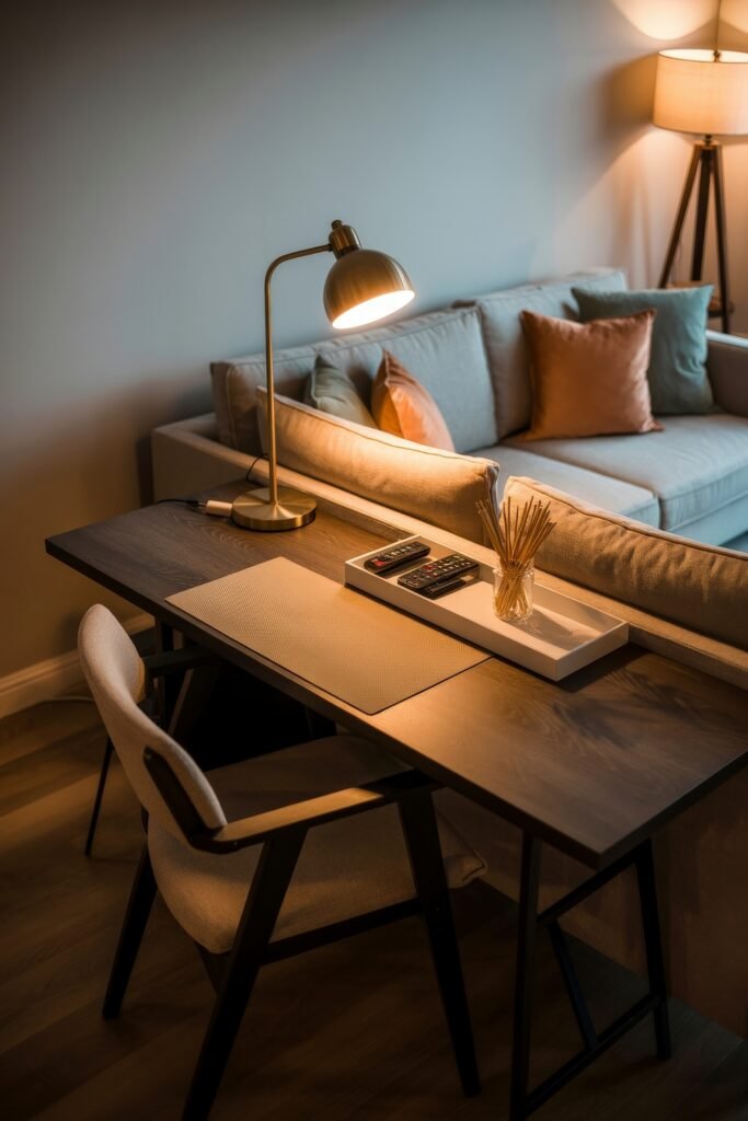 Living room office combo: Clever Ideas You’ll Love 2 Cozy living room layout with a wooden desk and chair placed behind a sofa, illuminated by a brass desk lamp, creating a functional and intimate workspace.