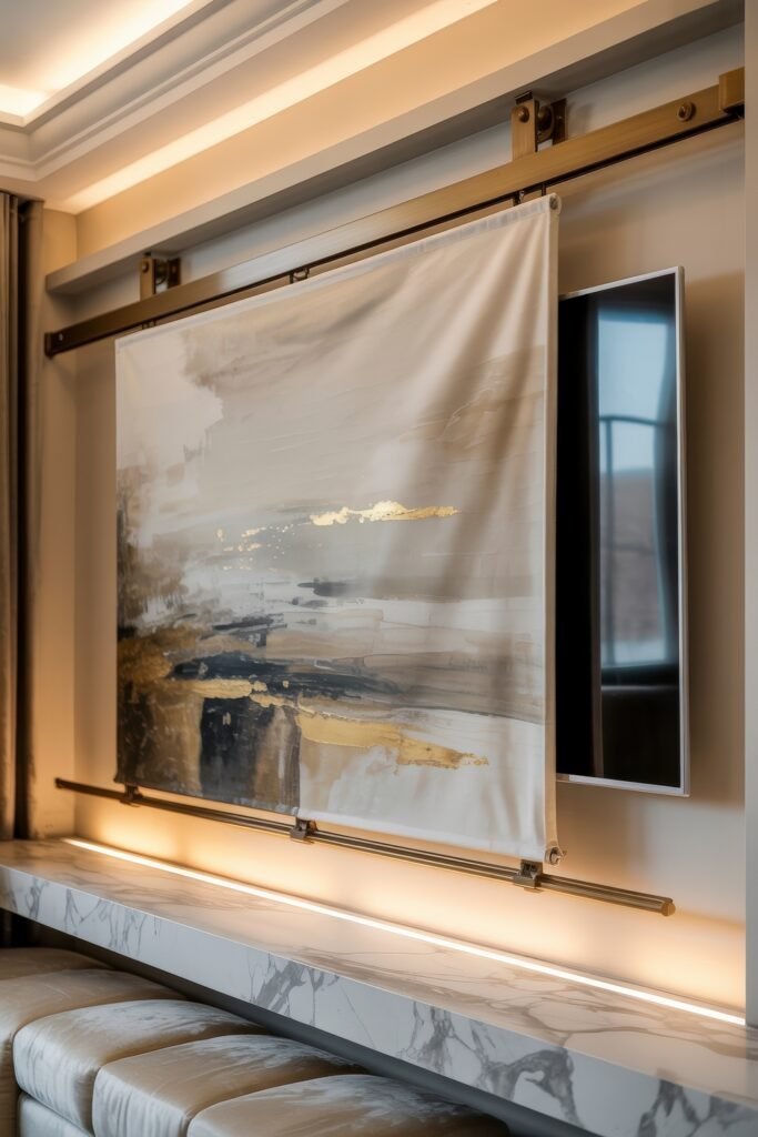 Living Room TV Wall Luxury: Sleek Ideas for a Stylish Setup 3 Refined entertainment nook where a modern TV is partly concealed behind a sliding fabric artwork with abstract gold and earth-toned brushstrokes, mounted above a marble shelf and backlit for a luxurious ambiance.