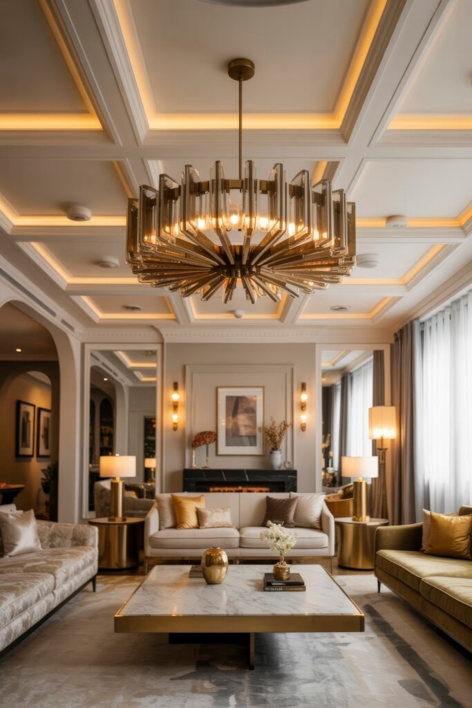 Luxury Ceiling Design in Living Rooms 3 Opulent living room showcasing a dramatic chandelier, coffered ceiling with warm lighting, plush seating in neutral tones, a marble and gold coffee table, and layered textures throughout for a luxury living room ambiance.
