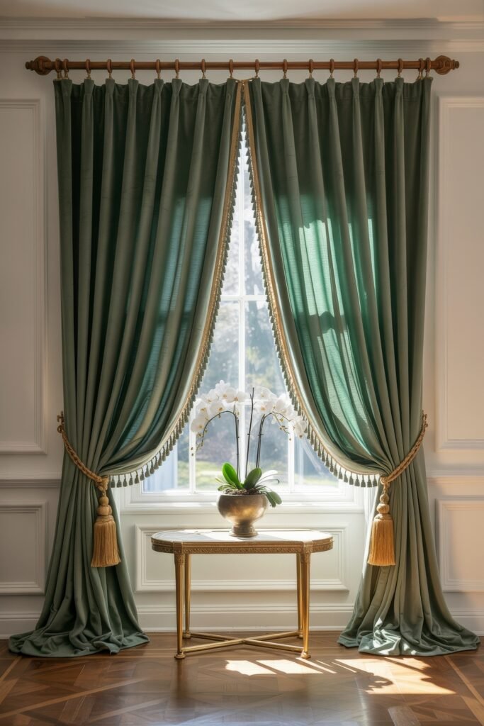 Luxury Curtains Living Room: Luxurious Curtains & Window Treatments 3 Refined interior with emerald green drapes trimmed in gold tassels framing a tall window, a white orchid in a bronze vase atop a marble-topped table enhancing the luxury curtains living room atmosphere.