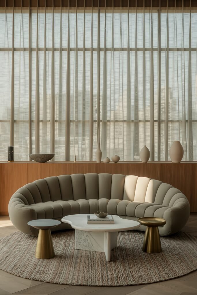 Luxury Sofa Living Room: Furniture for a Luxury Lounge 3 Modern luxury sofa living room featuring a sculptural curved couch in taupe, a round textured rug, marble coffee table, and golden accent stools with cityscape views through tall windows.