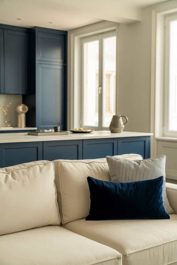 Open kitchen and living room: Smart Tips for Seamless Flow 2 Cozy open layout featuring a cream-colored sofa with navy and striped cushions in front of a kitchen with matte navy cabinets and natural daylight.
