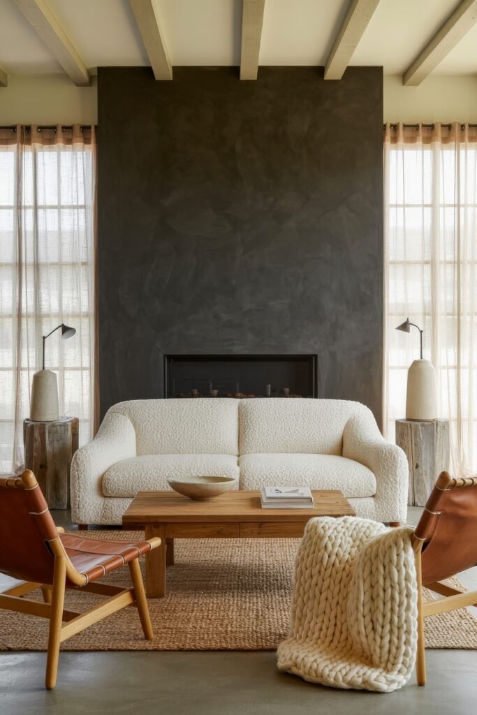 Rustic Luxury Living Room: Warm and Unique Living Area Themes 3 Elegant rustic luxury living room with a boucle sofa, natural wood coffee table, woven rug, and leather accent chairs, framed by sheer curtains and a charcoal fireplace wall.