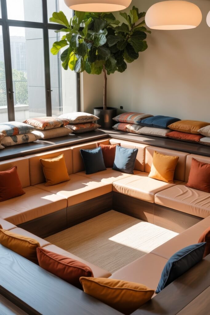 Sunken living room Magic: Cozy Tips for Instant Depth 2 Bright sunken living room layout with tan leather built-in seating, colorful pillows, and large windows, accented by a tall potted plant and stacks of decorative cushions.