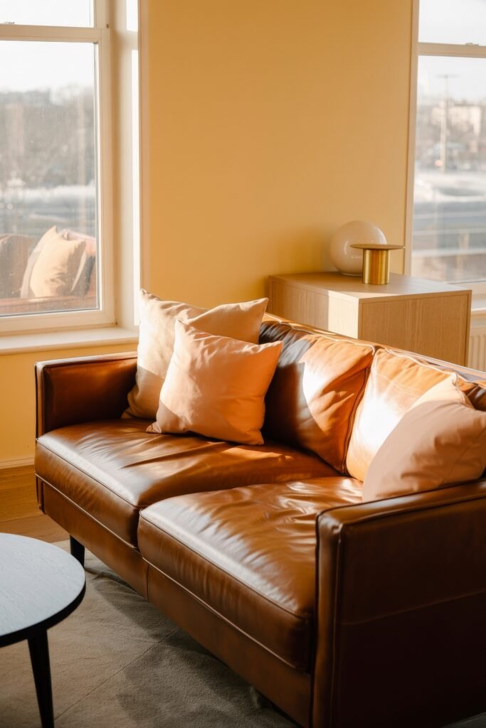 Brown Couch Living Room Ideas: Cozy and Chic Decor Inspiration 6 Contemporary brown leather sofa with neutral pillows, bathed in golden-hour light by large windows, offering relaxed brown couch living room ideas.