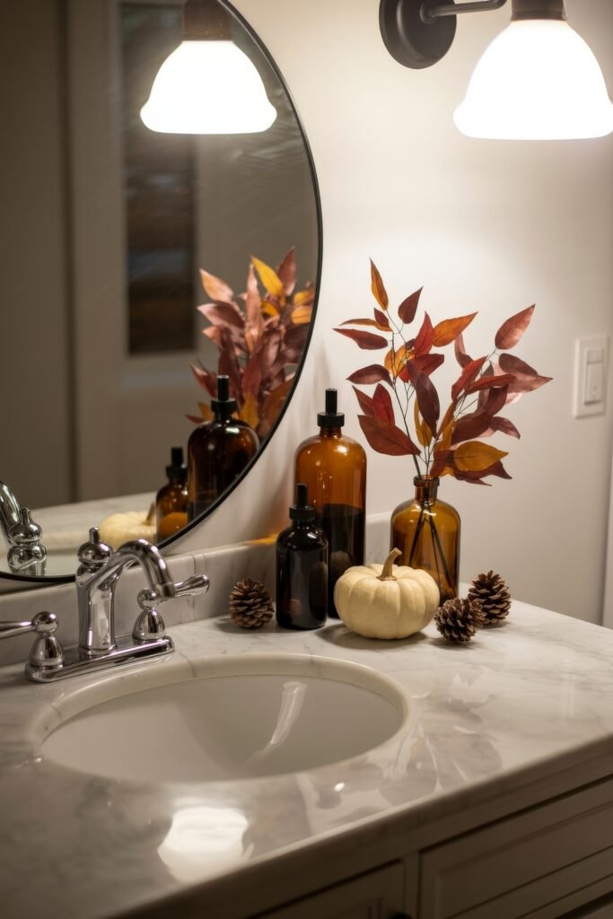 Fall Bathroom Decor: Cozy Upgrades for Instant Spa 6 Marble bathroom counter decorated with amber bottles, pinecones, a small white pumpkin, and faux red foliage, reflected in a round mirror under soft lighting, suggesting refined fall bathroom decor.