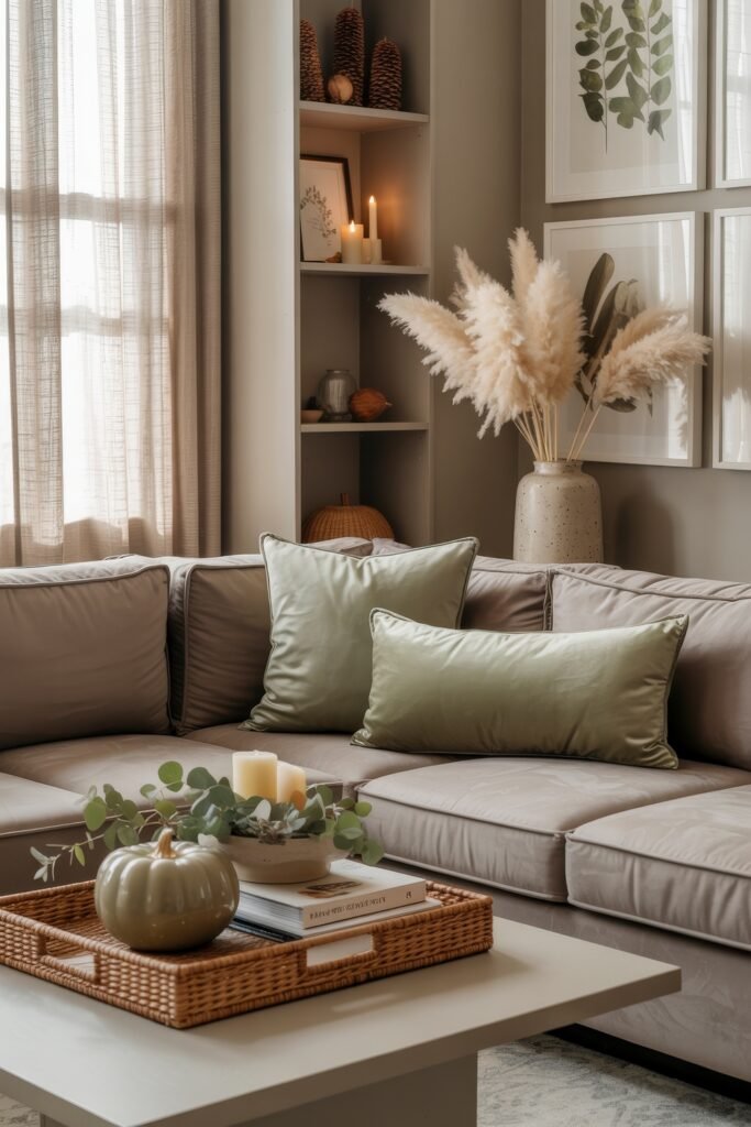 Fall Living Room Decor: Brilliant Ways to Cozy Up 4 Minimalist fall decor in a soft-toned living room with a taupe sectional, sage green pillows, pampas grass in a ceramic vase, and a wicker tray holding candles, eucalyptus, and a green pumpkin on the coffee table.