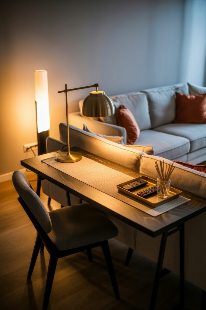 Living room office combo: Clever Ideas You’ll Love 3 Warmly lit living room office combo showing a dark wood desk with a reading lamp and remote controls tray, backed by a modern grey sectional sofa with rust-colored pillows.