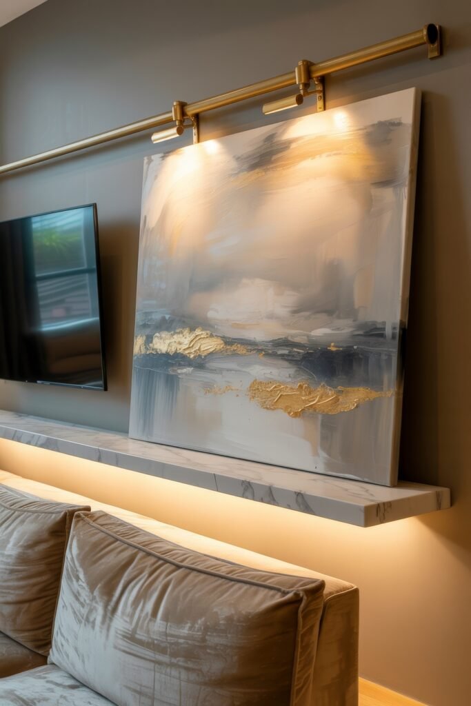 Living Room TV Wall Luxury: Sleek Ideas for a Stylish Setup 4 Contemporary living room corner with a mounted flat-screen TV adjacent to an oversized abstract painting in muted tones with gold accents, all framed by elegant lighting, a marble shelf, and a plush velvet sofa beneath.