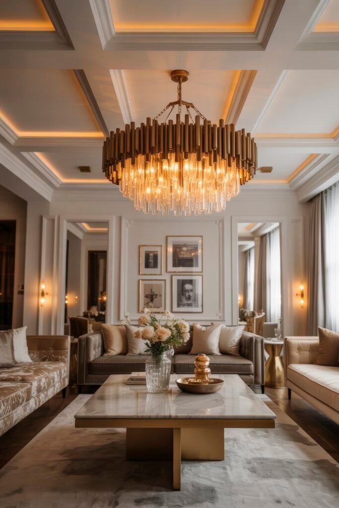 Luxury Ceiling Design in Living Rooms 4 Stylish interior with a crystal chandelier hanging from a glowing coffered ceiling, refined gold and beige seating, and a marble table centerpiece with floral accents in a luxury living room setting.