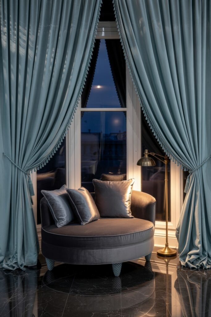 Luxury Curtains Living Room: Luxurious Curtains & Window Treatments 4 Cozy corner with soft teal curtains drawn around a night view window, showcasing a circular velvet lounge chair with matching pillows and a brass reading lamp on glossy marble floors.