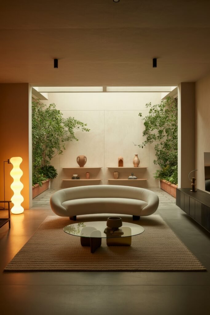 Luxury Sofa Living Room: Furniture for a Luxury Lounge 4 Serene indoor courtyard living room with a soft sculptural sofa, illuminated by skylight and warm floor lamp, surrounded by greenery and terracotta vases on wall shelves.