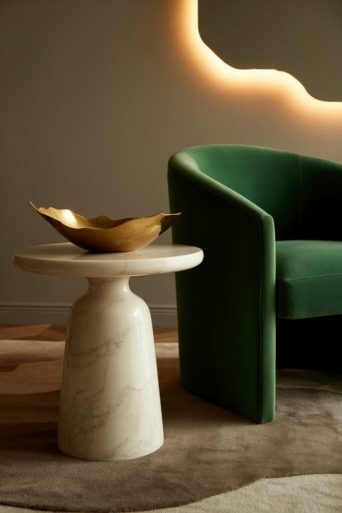 Modern Luxury Living Room: Designing a Sleek Luxe Lounge 5 Close-up of a stylish seating nook showing a green velvet armchair, white marble pedestal side table and sculptural gold bowl against a softly glowing accent light