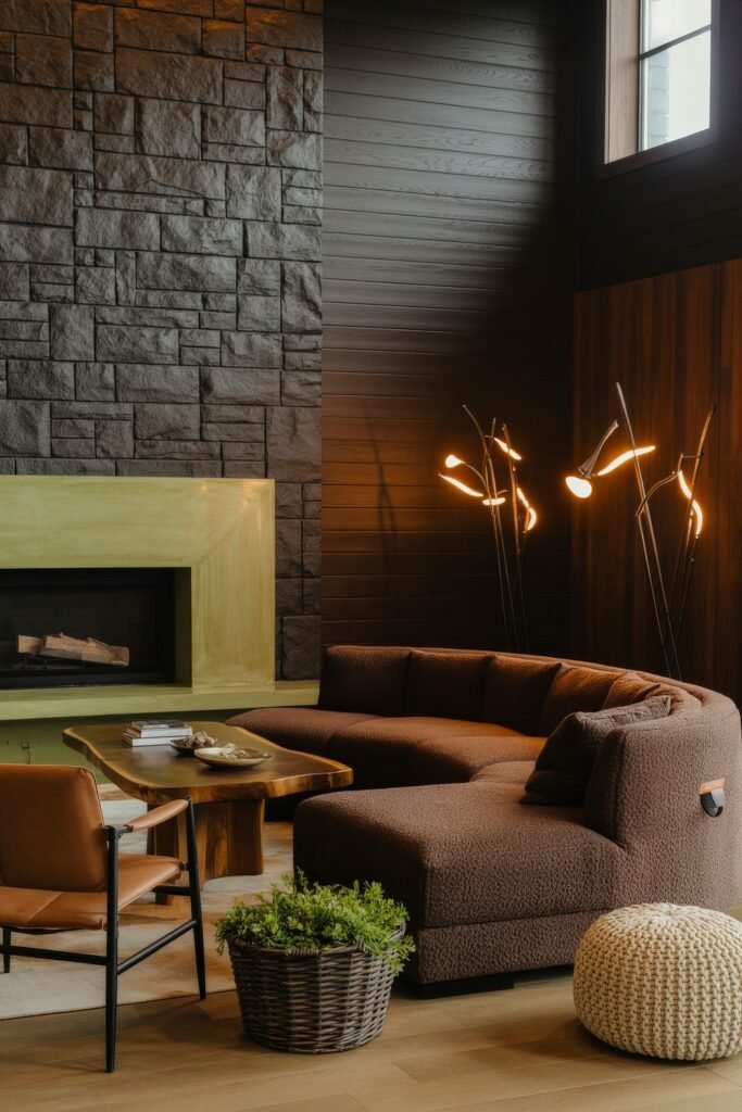 Rustic Luxury Living Room: Warm and Unique Living Area Themes 4 Sophisticated living room with a moody, rustic charm, showcasing a curved brown sectional, stone fireplace, sculptural lighting, and leather and wood accents with natural greenery.