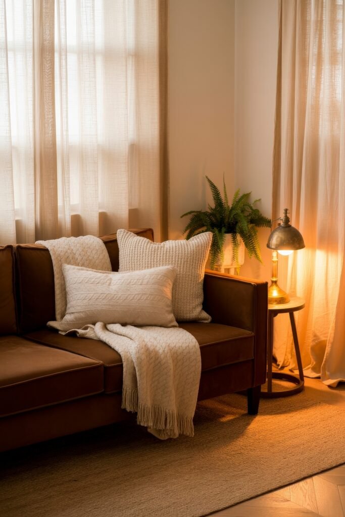 Brown Couch Living Room Ideas: Cozy and Chic Decor Inspiration 7 Inviting brown couch with cable-knit pillows and a cozy throw, illuminated by a vintage lamp and surrounded by sheer curtains and a leafy plant.