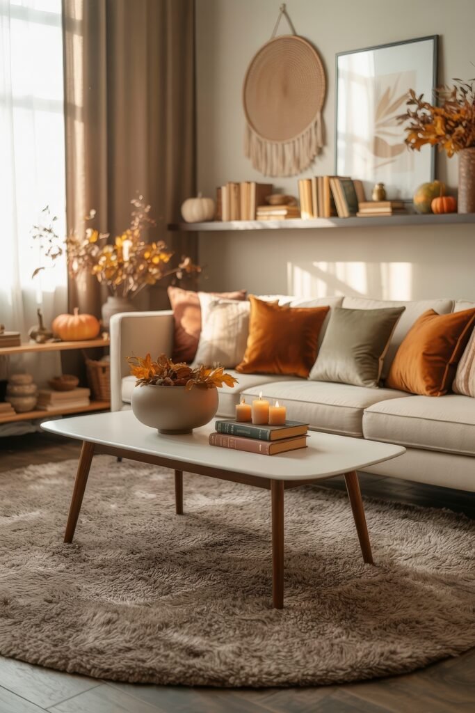 Fall Living Room Decor: Brilliant Ways to Cozy Up 5 Bright and airy fall living room decor featuring a white couch with rust and sage pillows, a mid-century coffee table with candles and dried leaves, and open shelving with pumpkins, books, and seasonal accents.