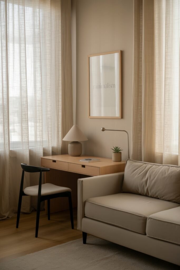 Living room office combo: Clever Ideas You’ll Love 4 Minimalist corner featuring a light wood desk with a lamp, framed artwork labeled "minimalism," and a beige sofa, blending serene design and functionality.