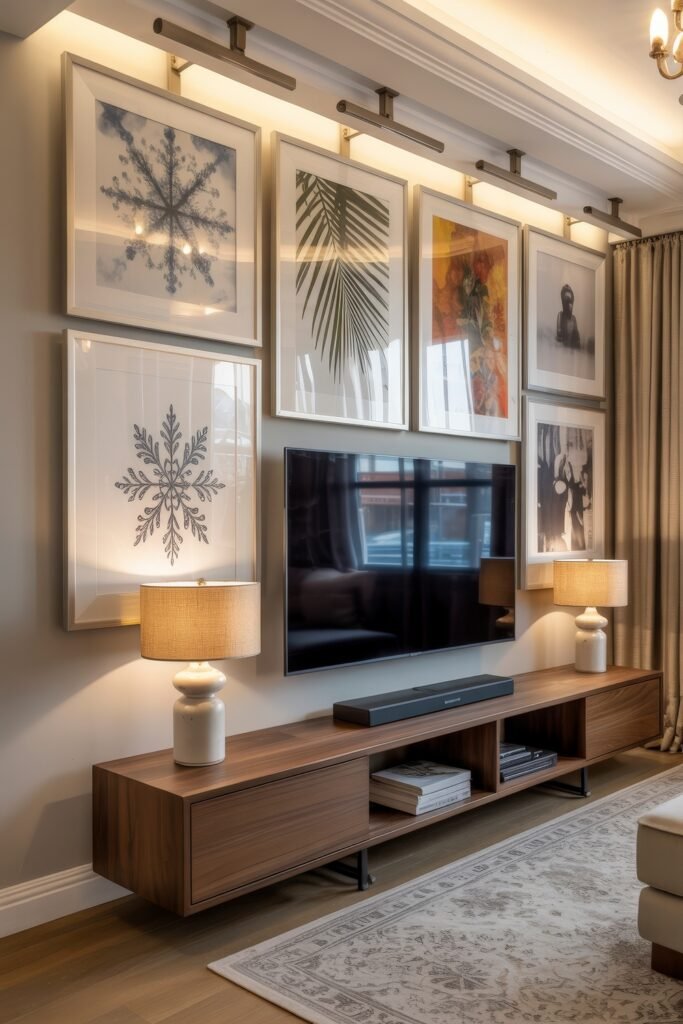 Living Room TV Wall Luxury: Sleek Ideas for a Stylish Setup 5 Stylish living room TV wall luxury design, featuring a mounted TV surrounded by a symmetrical gallery of framed art under individual picture lights, flanked by ceramic lamps on a mid-century modern wooden console.