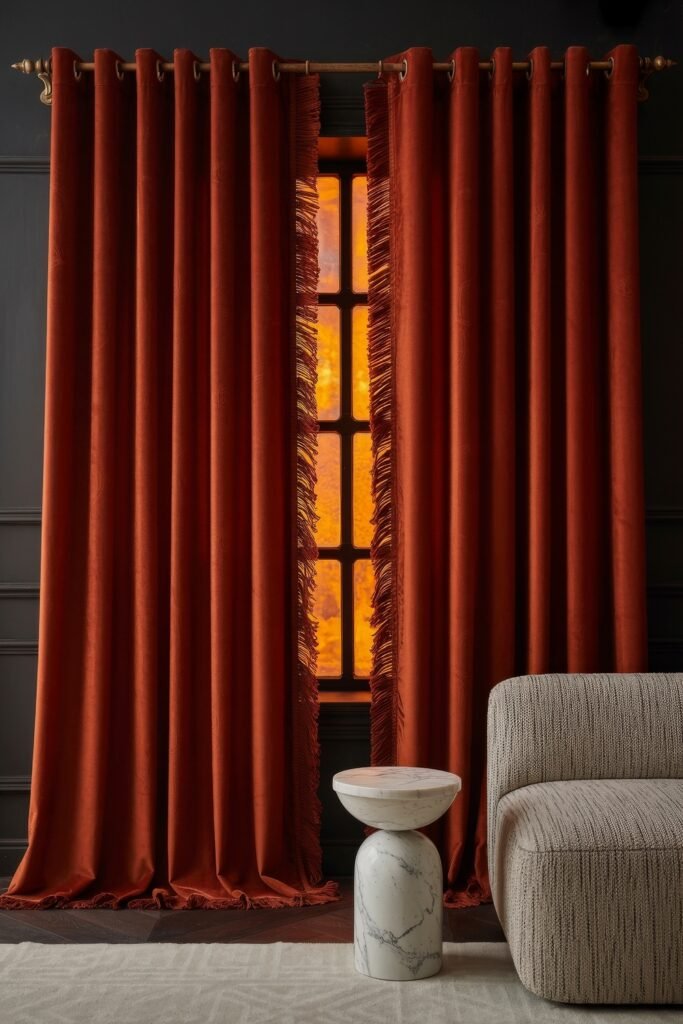 Luxury Curtains Living Room: Luxurious Curtains & Window Treatments 5 Contemporary space with bold rust-red velvet curtains featuring fringe accents, backlit by a glowing amber window, paired with a boucle chair and sculptural marble side table.
