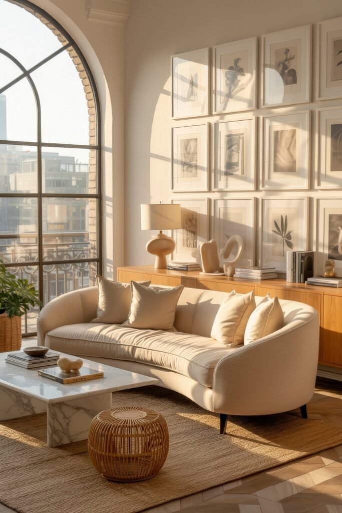 Luxury Sofa Living Room: Furniture for a Luxury Lounge 5 Stylish sunlit living room with a creamy curved sofa, marble coffee table, rattan ottoman, and a gallery wall of monochrome artwork beside arched industrial-style windows.