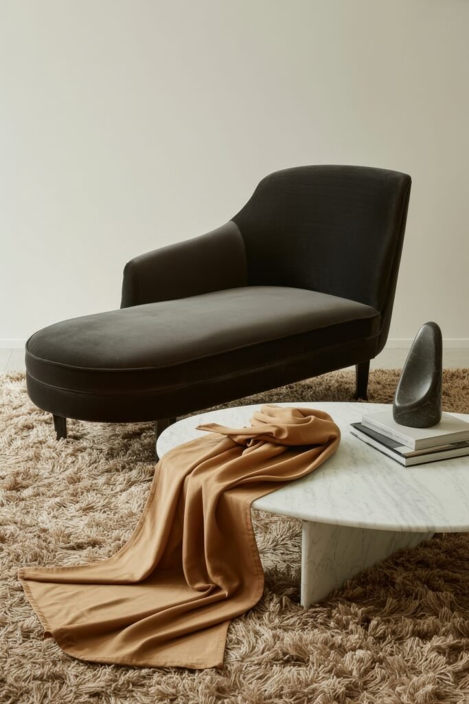 Modern Luxury Living Room: Designing a Sleek Luxe Lounge 6 Contemporary chaise lounge upholstered in charcoal fabric on a shag rug beside a triangular marble coffee table with books, sculpture and a draped camel throw adding relaxed elegance