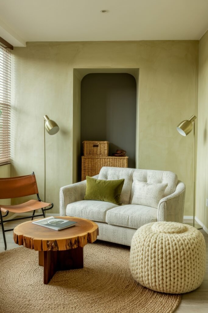 Rustic Luxury Living Room: Warm and Unique Living Area Themes 5 Relaxed and earthy living space with a tufted cream loveseat, olive green cushion, wooden slab coffee table, and chunky knit pouf, accented by brass floor lamps and woven baskets.