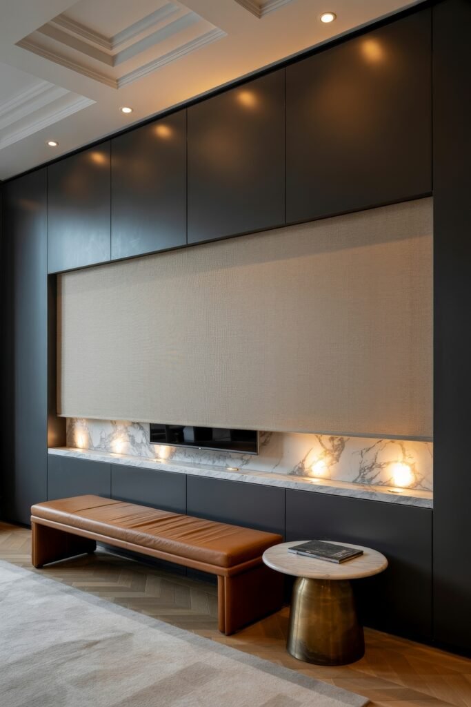 Living Room TV Wall Luxury: Sleek Ideas for a Stylish Setup 6 Luxurious TV wall with a hidden screen behind a textured beige panel set into dark cabinetry and a marble shelf, accented by warm recessed lighting and a sleek leather bench with a side table.