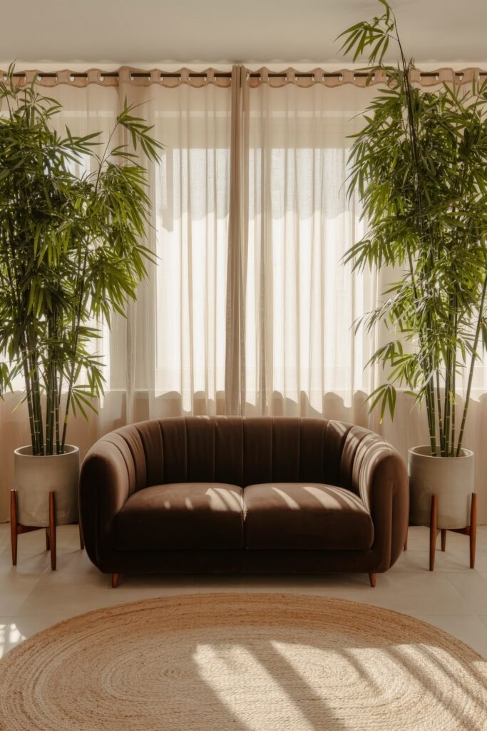 Brown Couch Living Room Ideas: Cozy and Chic Decor Inspiration 27 Rounded brown couch flanked by tall potted bamboo plants in front of sheer curtains, adding tropical elegance to this soft-toned brown-themed living room.