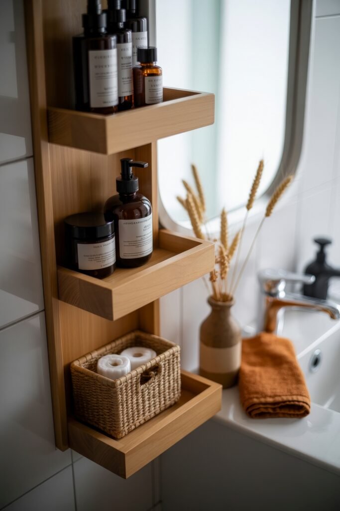 Fall Bathroom Decor: Cozy Upgrades for Instant Spa 25 Vertical wooden shelf stocked with amber-toned self-care products and a wicker basket, with a nearby vase of wheat stems and an orange towel by the sink, subtly suggesting fall bathroom decor.