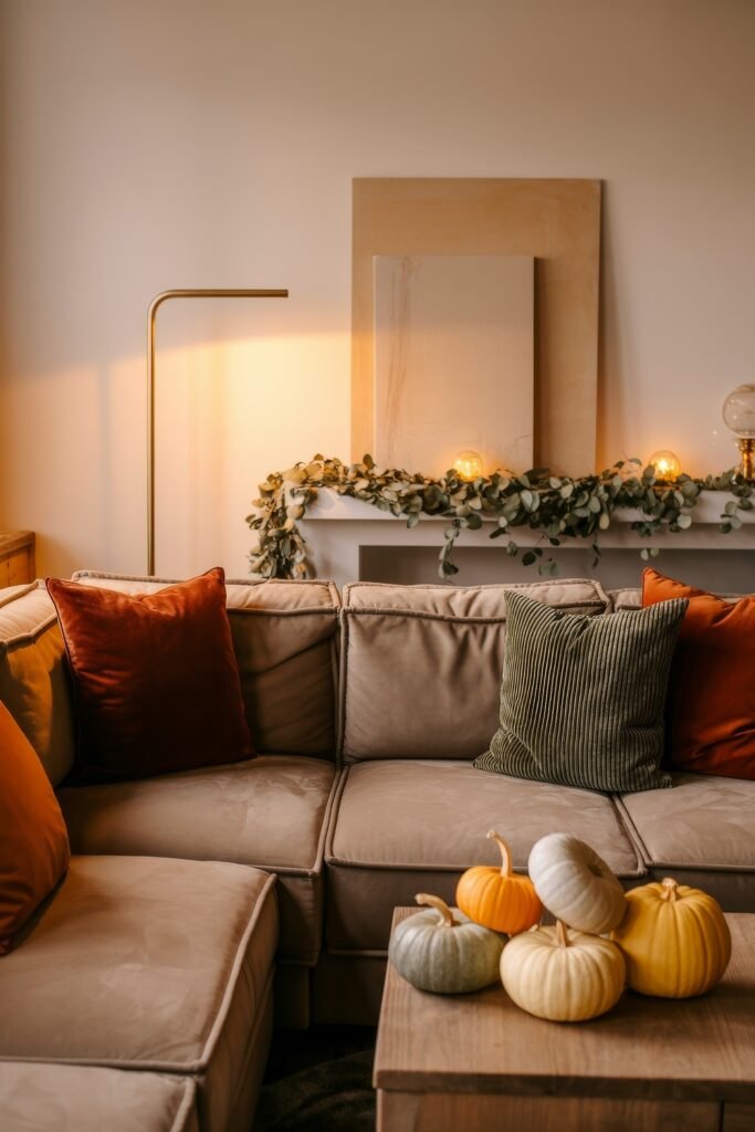 Fall Living Room Decor: Brilliant Ways to Cozy Up 24 Moody and cozy fall living room with a velvet sectional, rust and olive pillows, a wooden table topped with mixed pumpkins, and a mantel draped with greenery and lit by soft amber lights.