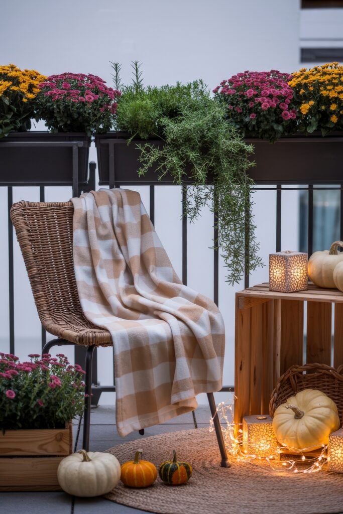 Fall Outdoor Decor: 12 Brilliant Touches for Tiny Porches 24 Intimate balcony nook with a plaid blanket draped over a rattan chair, glowing fairy lights, pumpkins, and vibrant mums along the railing for a charming fall setup.