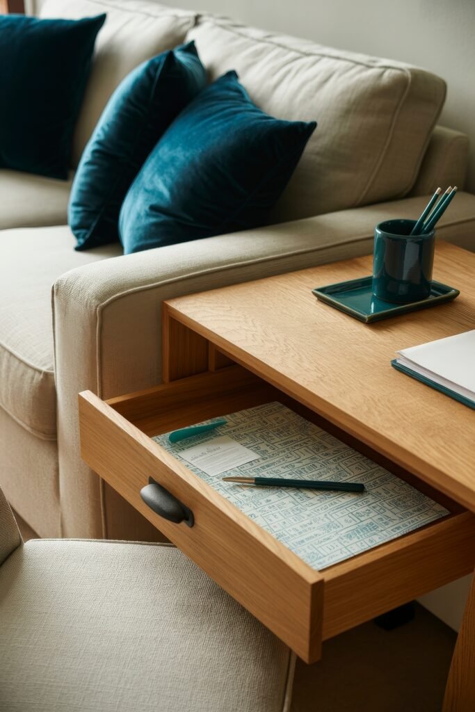 Living room office combo: Clever Ideas You’ll Love 26 Side view of a small writing desk beside a beige sofa, showing an open drawer with a notebook and pens, and a matching teal mug and plate on the wooden surface.