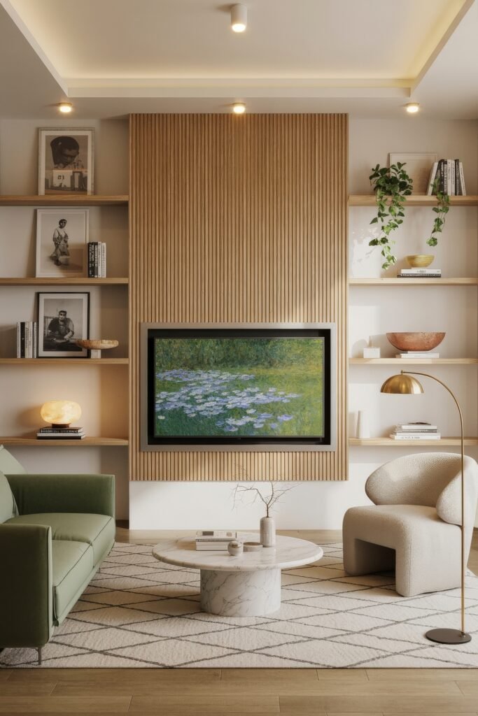 Living Room TV Wall Luxury: Sleek Ideas for a Stylish Setup 26 Bright, modern living room with a wood slat panel wall featuring a framed screen displaying a Monet-style water lily painting, flanked by floating shelves, greenery, and cozy contemporary furniture.