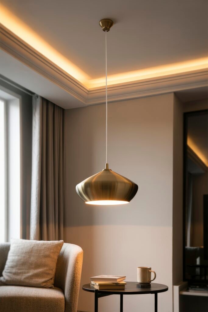 Luxury Ceiling Design in Living Rooms 22 Cozy reading nook with a textured armchair, black side table holding books and a mug, and a modern brass pendant under a subtly lit recessed ceiling for an intimate, upscale feel.