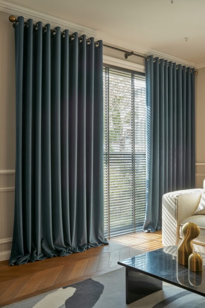 Luxury Curtains Living Room: Luxurious Curtains & Window Treatments 20 Contemporary interior with deep blue velvet curtains flanking a wide window with horizontal blinds, a cream boucle sofa, and a glossy black coffee table with brass decorative objects.