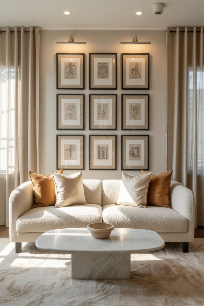 Modern Luxury Living Room: Designing a Sleek Luxe Lounge 28 Bright luxury living room with a white boucle sofa, bronze and ivory pillows, framed sketch collection and oval marble coffee table catching afternoon light