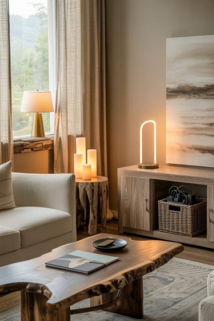 Rustic Luxury Living Room: Warm and Unique Living Area Themes 27 Serene living room corner with soft cream furniture, sculpted wood side and coffee tables, glowing candles, and minimalist decor beside large windows with neutral drapery.