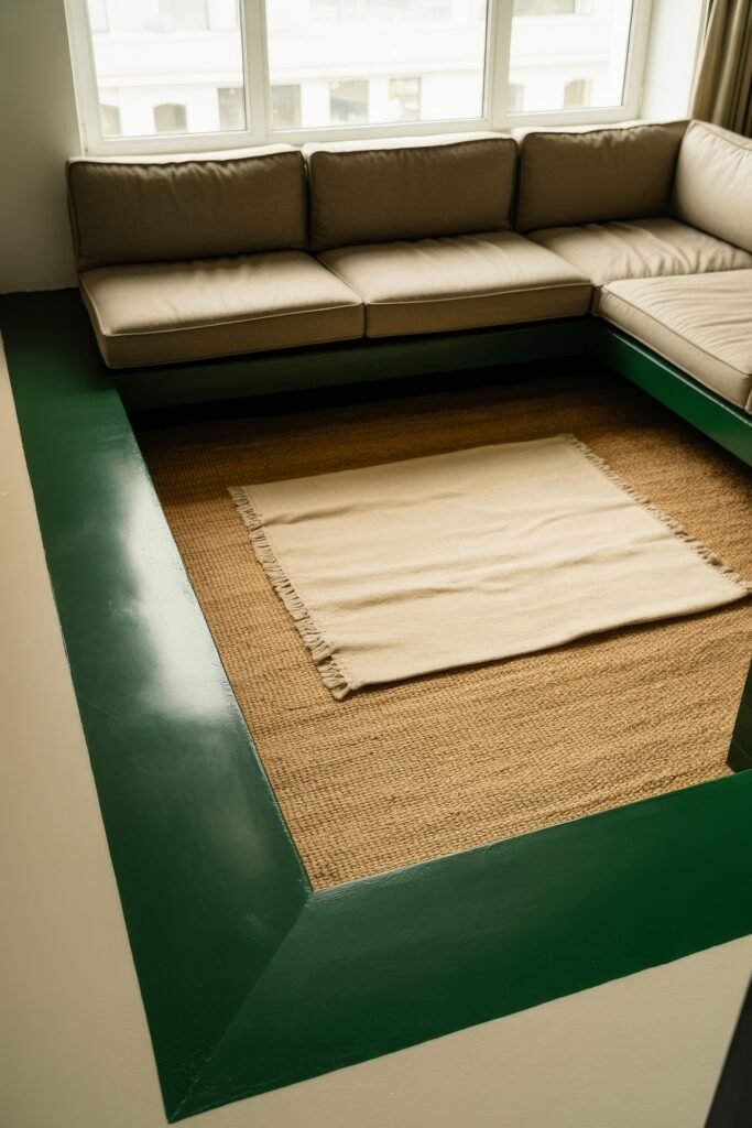 Sunken living room Magic: Cozy Tips for Instant Depth 25 Minimalist sunken living room layout with taupe seating, green-framed platform edges, and a layered jute and beige rug, situated near a large window.