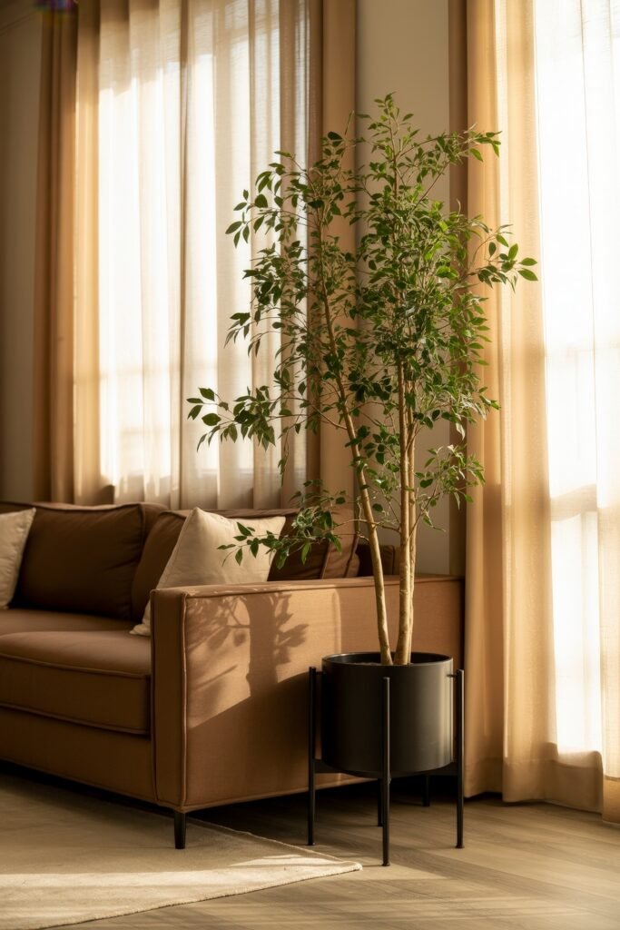Brown Couch Living Room Ideas: Cozy and Chic Decor Inspiration 28 Light-filled brown couch corner with soft white pillows, tall indoor plant in a black pot, and beige curtains, creating a peaceful, natural vibe in this brown couch living room idea.