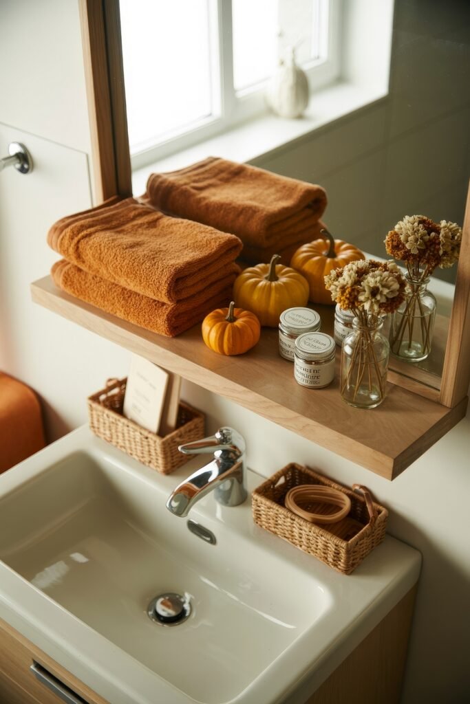 Fall Bathroom Decor: Cozy Upgrades for Instant Spa 26 Compact bathroom sink area with stacked burnt orange towels, mini pumpkins, glass jars of dried florals, and small canisters, styled for a festive and inviting fall bathroom decor scene.