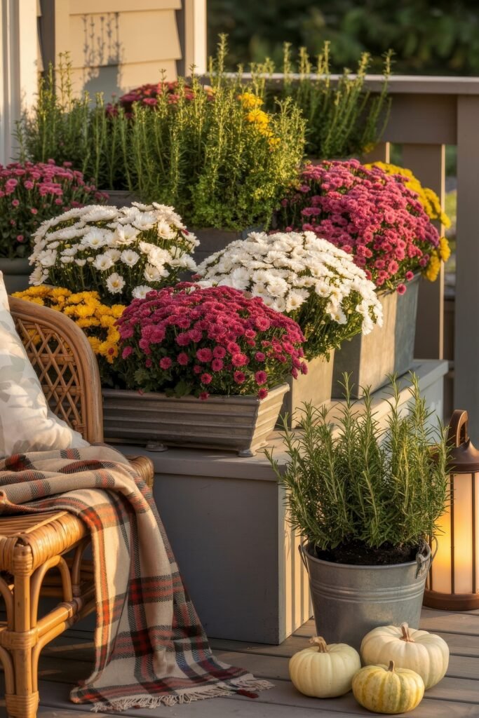 Fall Outdoor Decor: 12 Brilliant Touches for Tiny Porches 25 Sunlit porch corner overflowing with potted mums and herbs, a plaid blanket on a wicker chair, and white pumpkins adding seasonal warmth to the fall outdoor decor.